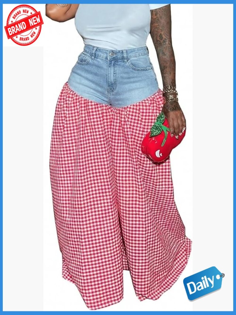 High Waisted Wide Leg Checkered Patchwork Jeans Y2K